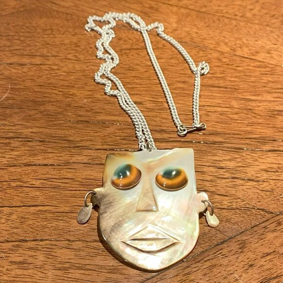 12” Long Abalone Shell Native Mask Necklace - Picture 2 of 5